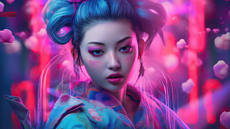 City in virtual reality, woman on cyberpunk city street in neon lights, illustrationの写真素材