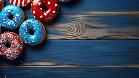 donuts on wooden table, top viewの素材