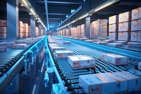 View of modern logistics warehouse conveyor belt transportation box, ai technology and industry automatisation conceptの素材