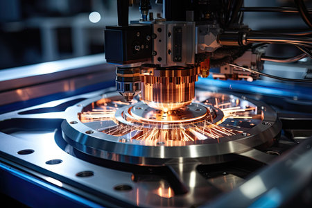 View of laser manufacturing high-precision components, Bright color, industry 4.0 conceptの素材