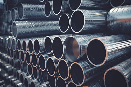 galvanized steel pipes stacked in warehouse.の素材