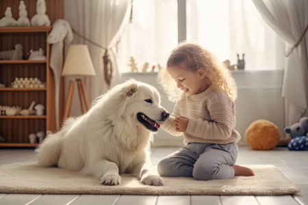 small child playing with his little friend dogの素材