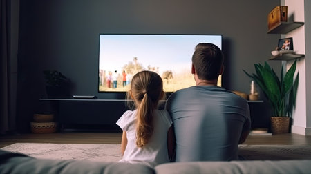 father and daughter watching TV show togetherの素材