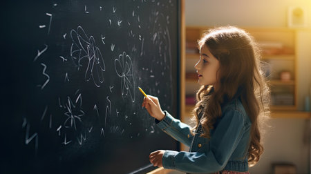 Student little girl in front of blackboardの素材