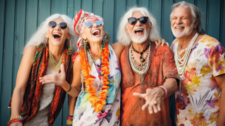 Senior hippies at party, man and womanの素材
