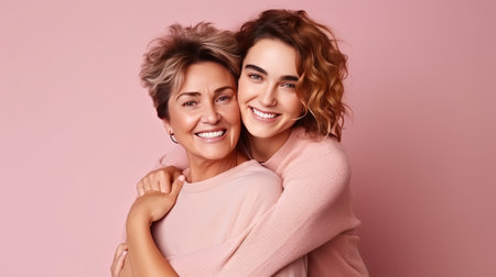 Mother and daughter over pink backgroundの素材
