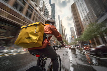 Bike delivery through big city on a bikeの素材