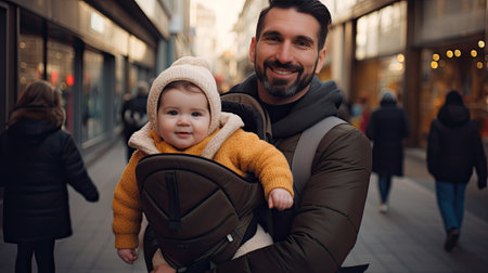 father with a baby in a baby carrierの素材