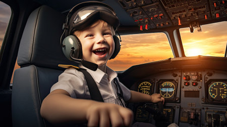 litlle boy pilot in the cabin of plane, laughing happilyの素材