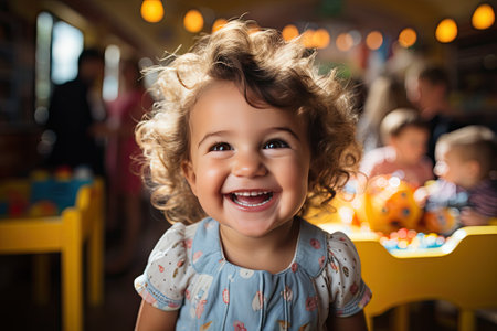 small cute child with toys in daycare facilityの素材