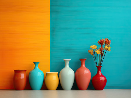 Beautiful ceramic vases against blue wallの素材