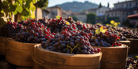 Harvested red grapes in cratesの素材