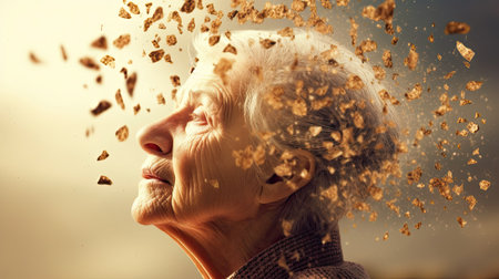 Memory loss due dementia, senior woman head falling in piecesの素材