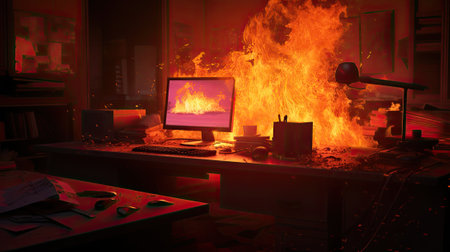 flaming computer, fire inside house apartmentの素材