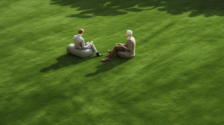 people sitting on the grass and talking, spring sunny dayの素材