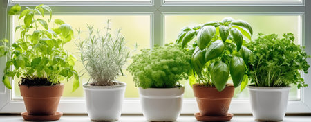 pots with aromatic herbs on windowの素材
