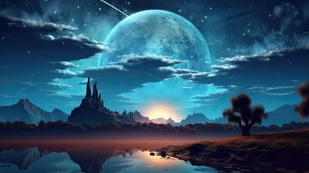 Futuristic fantasy landscape, sci-fi landscape with planet, neon light, cold planet. Galaxy with unknown planet landscape. Dark natural scene with light reflection in water. Neon space galaxy portal.の素材