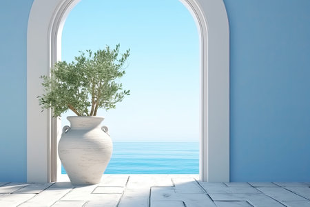 white_doorway_beside_a_blue_planter_by_the_seaの写真素材