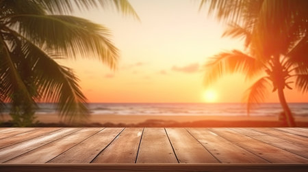 Sunny summer beach with palms background with copy space for product, tropical vacational islansdの素材