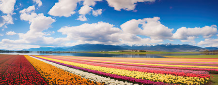 bright tulips field stripes, Holland landscapeの写真素材
