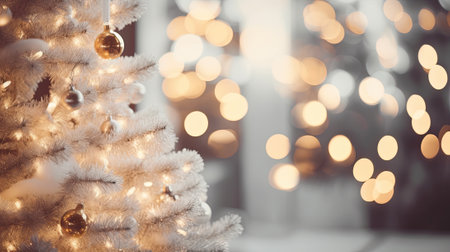 Beautiful christmas lights, white and golden tree with decorationsの素材