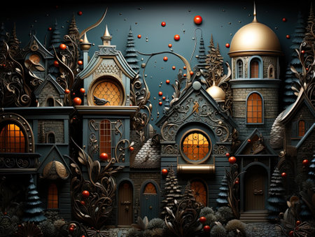 snowy Christmas landscape with country house, cartoon styleの写真素材