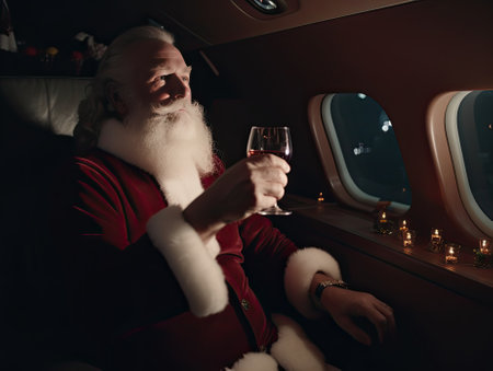 Santa Claus drinking champagne in private jet planeの写真素材