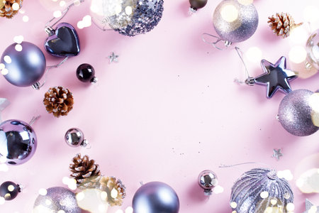 Gray Christmas decorations frame on pink backgroundの写真素材