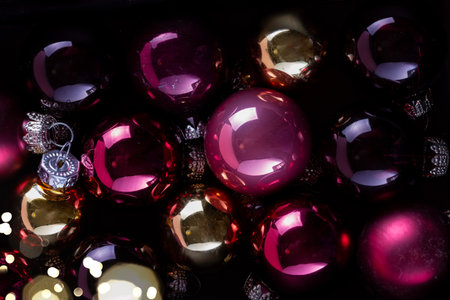 Dark Pink Christmas balls close up festive backgroundの写真素材