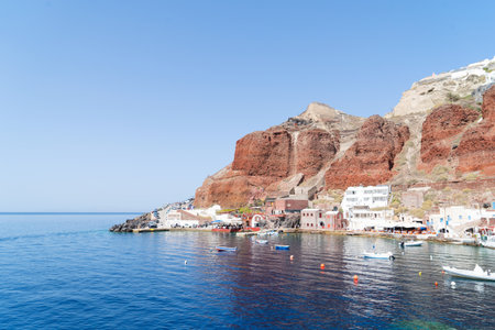 Amoudi bay, port of Oia, Santorini Greece at sunny summerの写真素材