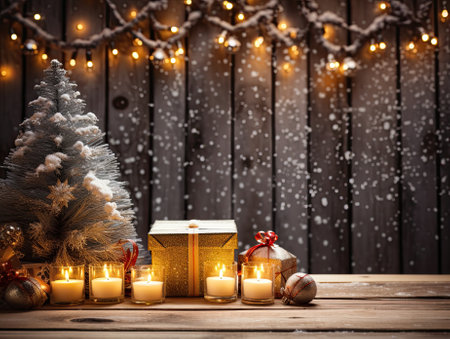 Christmas cozy scenery, wooden planks in backgroundの素材
