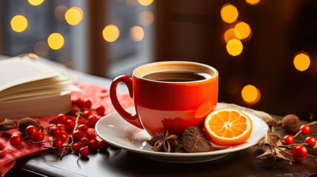 cup of winter tea, defocused lights in backgroundの素材