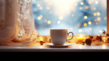 cup with warm drink on windowsill, winter street in backgroundの素材