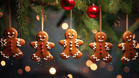 hanging on evergreen tree gingerbread manの素材