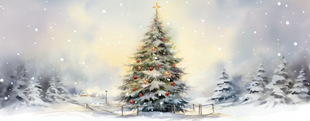 watercolor of Christmas forest, row of evergreen treesの素材