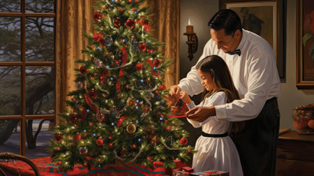 happy hispanic family decorating treeの素材