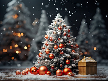 Christmas tree outdoor under snow, decorated and illuminatedの素材