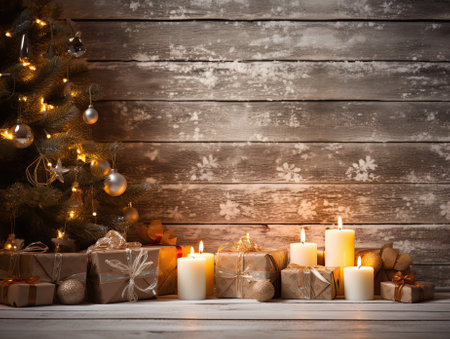 Christmas cozy scenery, wooden planks in backgroundの素材