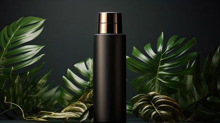 Black cosmetic tube with green leaves mock upの素材