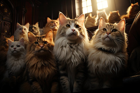 Cats in auditorium looking attentivelyの素材