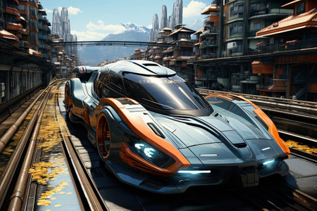Futuristic sport car, non existent design, car race, defocused city in background, 3d illustrationの素材