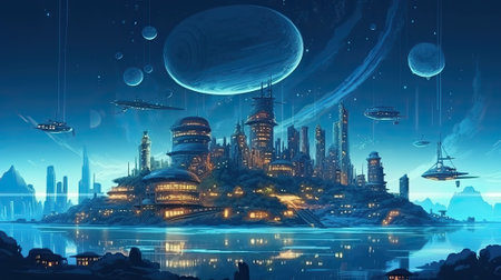 City skyscrapers in virtual reality, aerial view of cyberpunk cityの写真素材