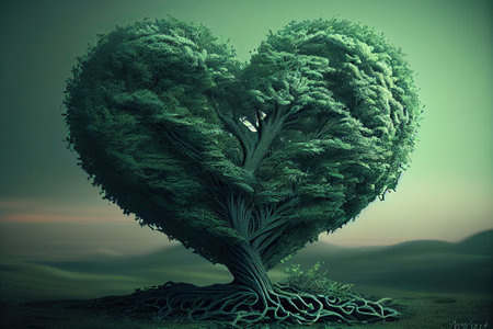 green planet concept - green tree heart with forest greenery aroundの素材