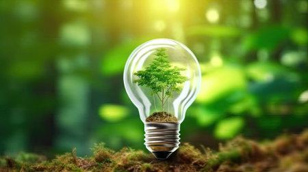 save the green planet concept with light bulb and butterflies in grass, clear green energy conceptの写真素材