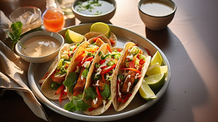 Plate with mexican tacoes on tableの素材