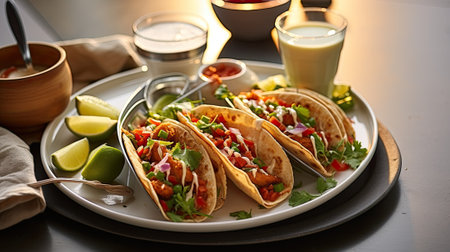 Plate with mexican tacoes on tableの素材