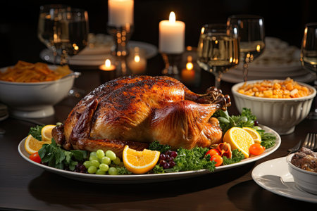 Golden roasted turkey on festive tableの素材