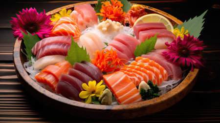 Sushi with raw fish, round plate with selectionの写真素材