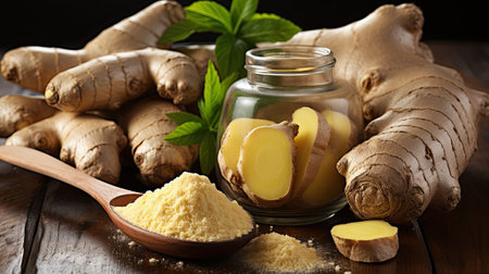 Ginger root spice, root, slices and powder on the tableの写真素材