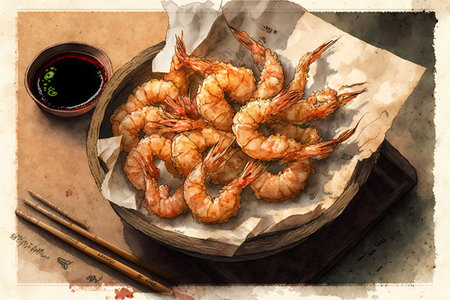 white plate filled with a delicious shrimp dish, lemon wedge and parsley garnish,の写真素材